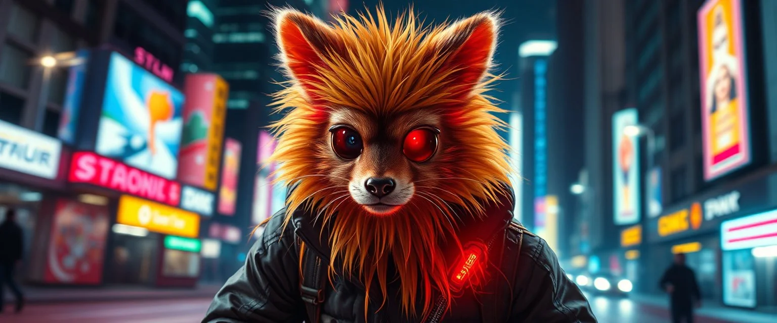 fast cyberpunk weasel rasta man with cute fur, in big cyberpunk city, in the style of gta 4, with motion blur and volume light