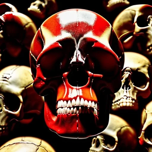 a picture of a dark, comedic, anatomically correct wall of colorful tightly packed stacked skulls of varying sizes and expressions, photo realistic, insanely meticulous, highly detailed, part of a collection of bones on display, 64k, dystopian, vray, cartoonish, cartoon character skulls