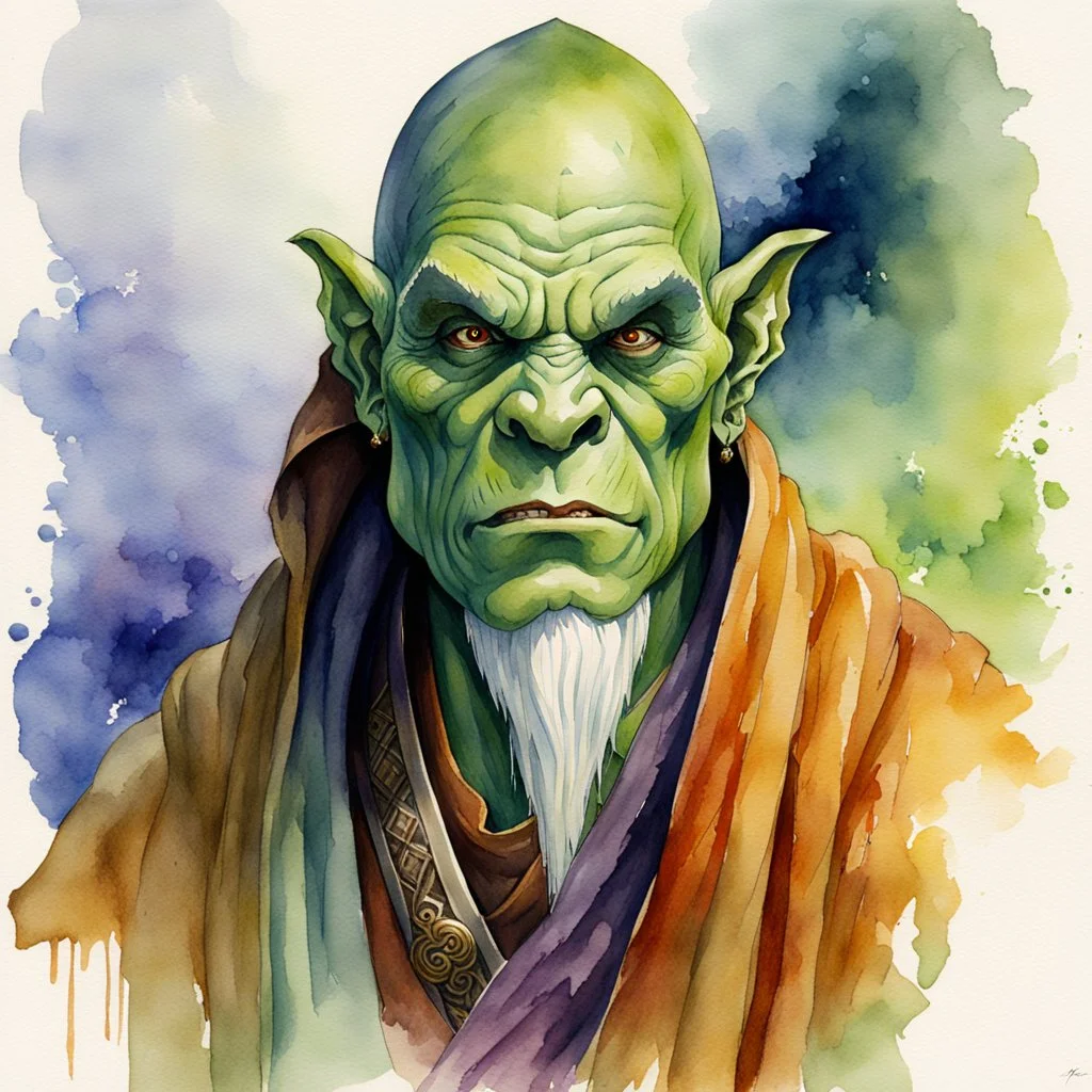 fantasy, watercolour, illustration, portrait, half orc, monk, abbot