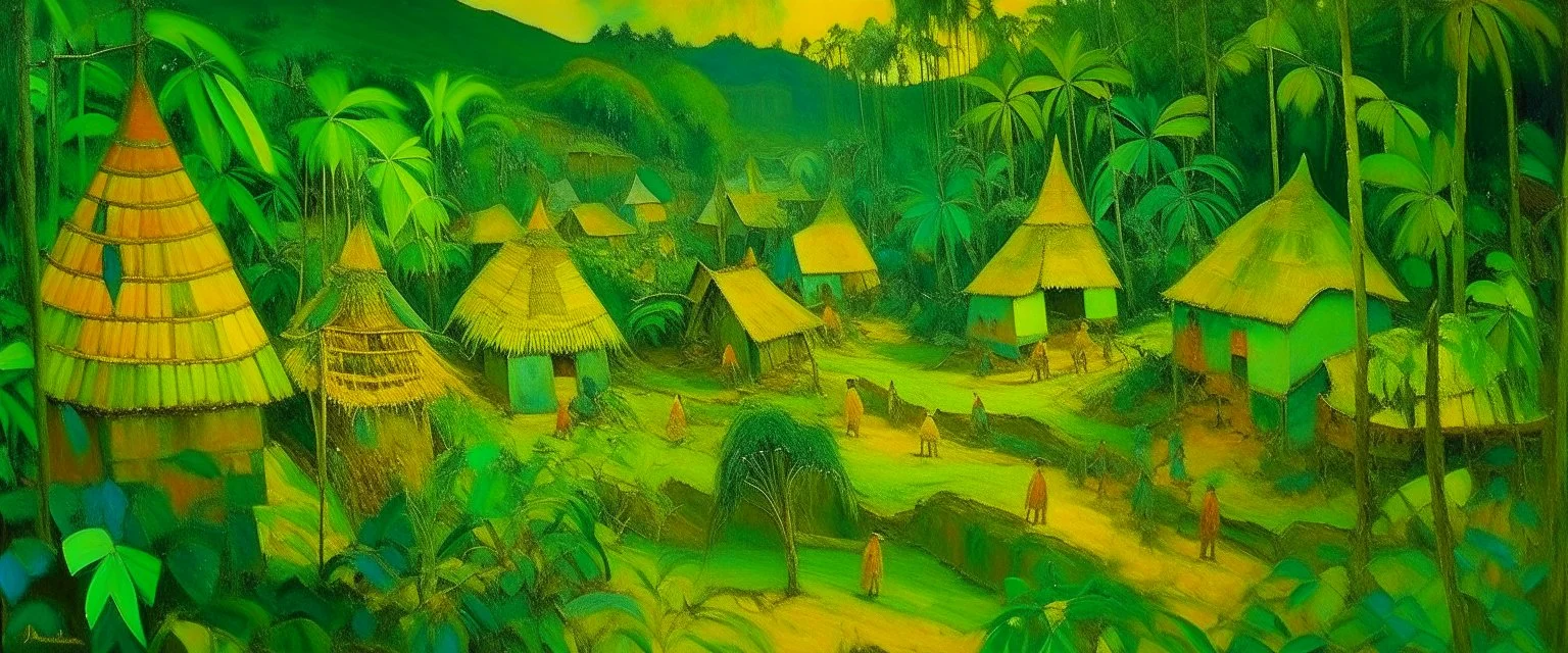 A lime green village made out of honey hives in a forest painted by Paul Gauguin