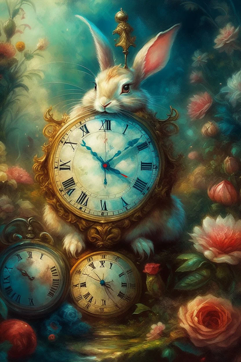 The fairy tale "Alice in Wonderland", a rabbit with a clock hurries among the bushes of vintage roses Oil on silk, work of art, hyperdetalization, professionally, filigree, misty haze,surrealism, transparent, delicate pastel tones, backlight, grunge style, three-dimensional watercolor, aesthetically pleasing, beautiful, realistic, high resolution, high detail, ISO 100 photosensitivity and aperture f/2.8, 1/250 with a 30 mm lens, 32 KB