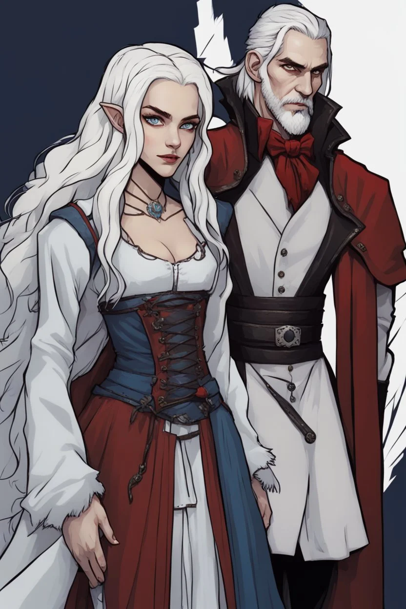 A couple, from the dnd game curse of Strahd. The woman has long white hair and blue eyes, the man has LONG BLACK hair and red eyes, no facial hair.