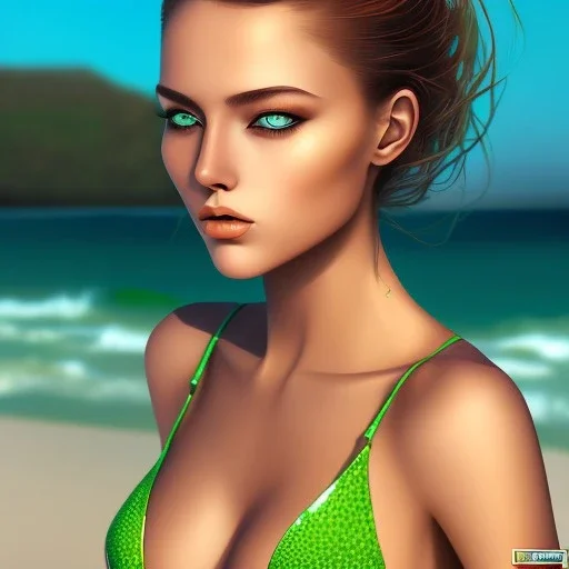 retrato de mujer en playa en bikini con ojos verdes