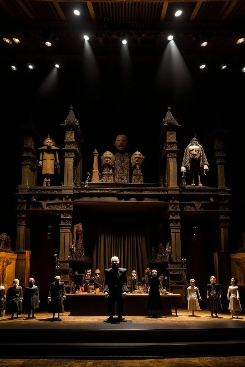 very large and high theater stage from which we see a family of giant joyful puppets, manipulated by technicians dressed in black.