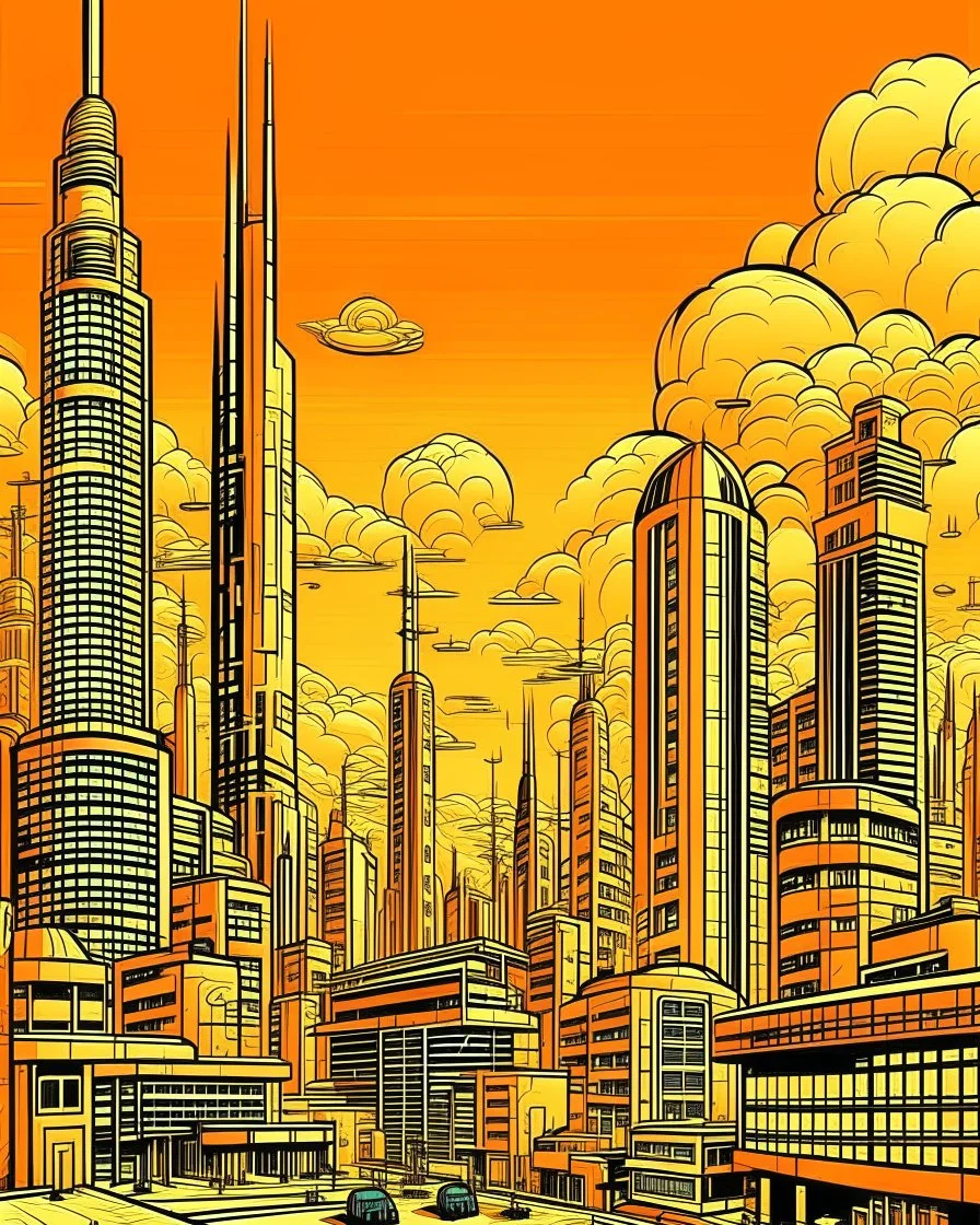 A tan city with tall buildings and a nuclear plant in pop art style