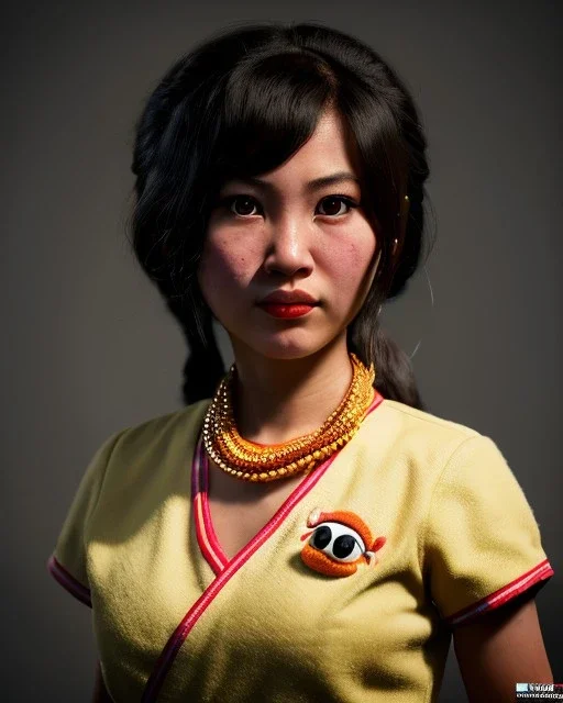 Portrait, thai waitress woman with monster muppet mask that covers her entire head, retro style, Sesame Street style, red, smooth, unreal engine 5, god lights, ray tracing, RTX, lumen lighting, ultra detail, volumetric lighting, 3d.