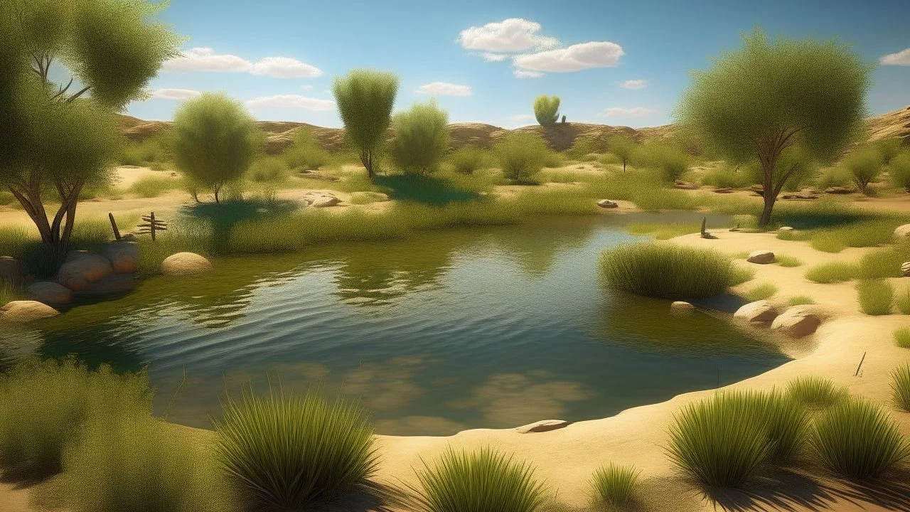 A deserty scene taking place during summer. There is a pond.