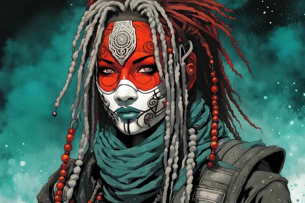 front facing full length portrait illustration of a grunge armored female , beaded dreadlock hair, cyberpunk vampire mercenary wearing an ornate kitsune noh mask , and shemagh, highly detailed with gritty post apocalyptic textures, caught in a cosmic maelstrom of swirling gases , finely detailed facial features and hair, in the graphic novel style of Bill Sienkiewicz, and Jean Giraud Moebius, ink wash and watercolor with realistic light and shadow