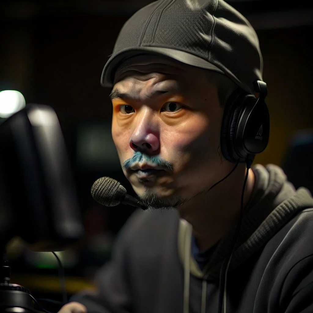 Christer Chao Solvang, norwegian japanese rapper in silver gloden studio and with a tiny weird hat, young dark and handsome, with thick hairy eyebrows, and tiny mic, directing a debate, photo-realistic, shot on Hasselblad h6d-400c, zeiss prime lens, bokeh like f/0.8, tilt-shift lens 8k, high detail, smooth render, down-light, unreal engine, prize winning