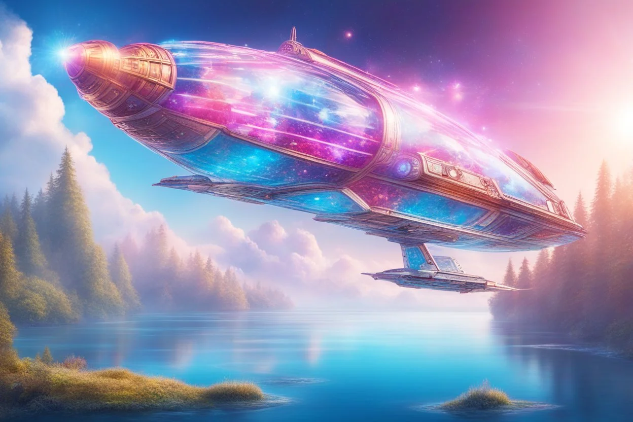 a cosmic beautiful SPACESHIP made of crystals and light is flyng INA MAGIC BRIGHT SKY. the landscape is a magic coloured FAIRY nature with a CALM WATER. ALL IS LIGHTENED BY THE SPACE SHIP
