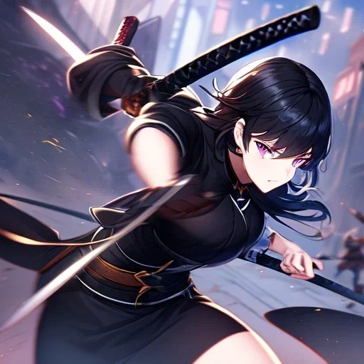 Clear focus,High resolution, Black short fluffy hair, and purple eyes, wearing a black outfit, must wear a short skirt, holding a glowing katana, fighting stance