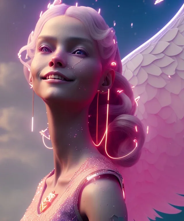 A portrait of gourgeus smiling angel queen, sweet ligth pink atmospheric, realistic, unreal engine, cinematic lighting, octane render.