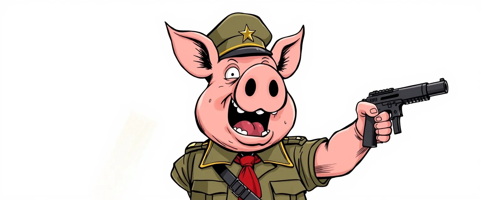 scared pig general pointing uzi gun up into the air, stupid cartoon, airbrush and pen outline