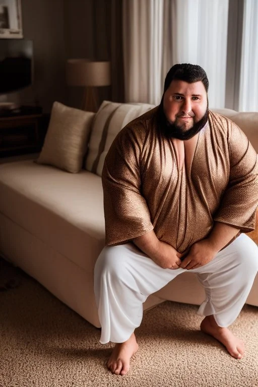 close up photography of a Burly arab 26 year old stocky short chubby man on his knees, short beard, dressed in an brown economic traditional caftan with pants and sandals, photorealistic, ambient occlusion, in a simple living room, ambient occlusion, side view from the bottom