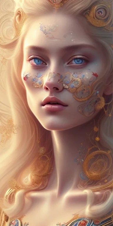 ultradetailed beautiful portrait painting of love Aphordite with long flowing blonde hair and sharp piercing gaze of blue eyes, alluring beauty, wearing jewels, roses, ultra ornate, gold leaf deatils, wearing white dress, by conrad roset, greg rutkowski and artgerm, trending on artstation