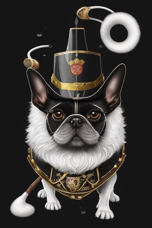 "Generate an image of a black fur Frenchie army helmet and CUBAN CIGAR . exhibit a charming, wearing rainboots and a rain hat, playful demeanor. The image should capture the essence of cuteness and showcase detailed fur texture. Ensure that the final result has a professional and polished appearance, resembling the aesthetic quality seen in animated films."