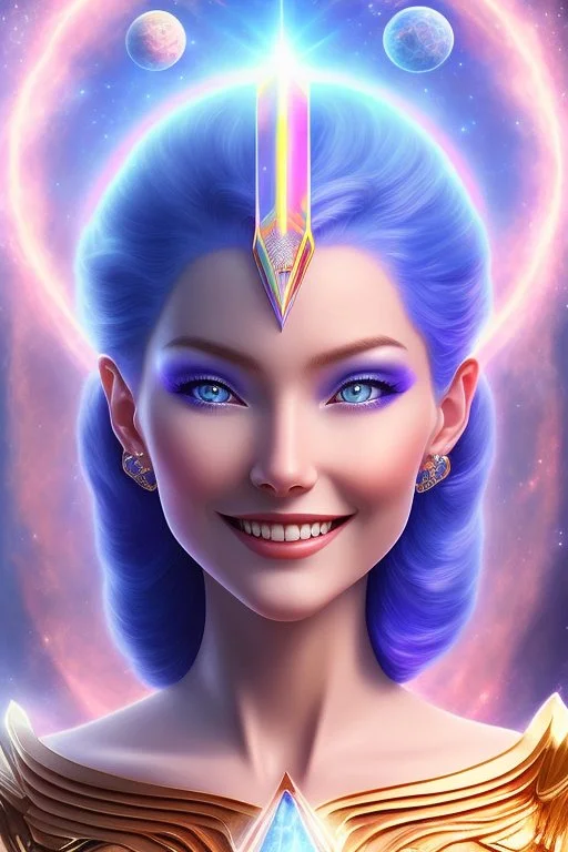 cosmic ufo from the future, one fine whole face, large cosmic forehead, crystalline skin, expressive blue eyes, blue hair, smiling lips, very nice smile, costume pleiadian, rainbow ufo