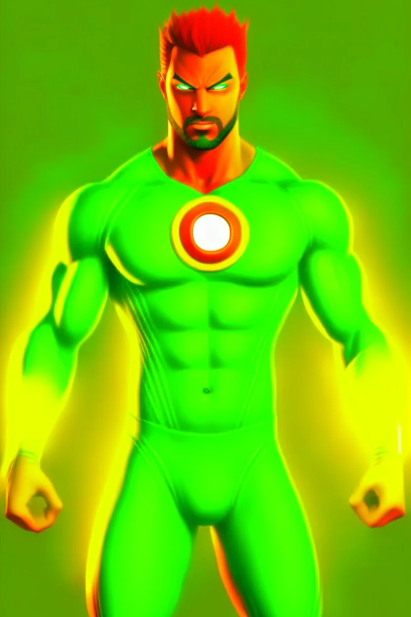 Greenlantern look a like dressed in orange. In 3D cartoons, ultra realistic