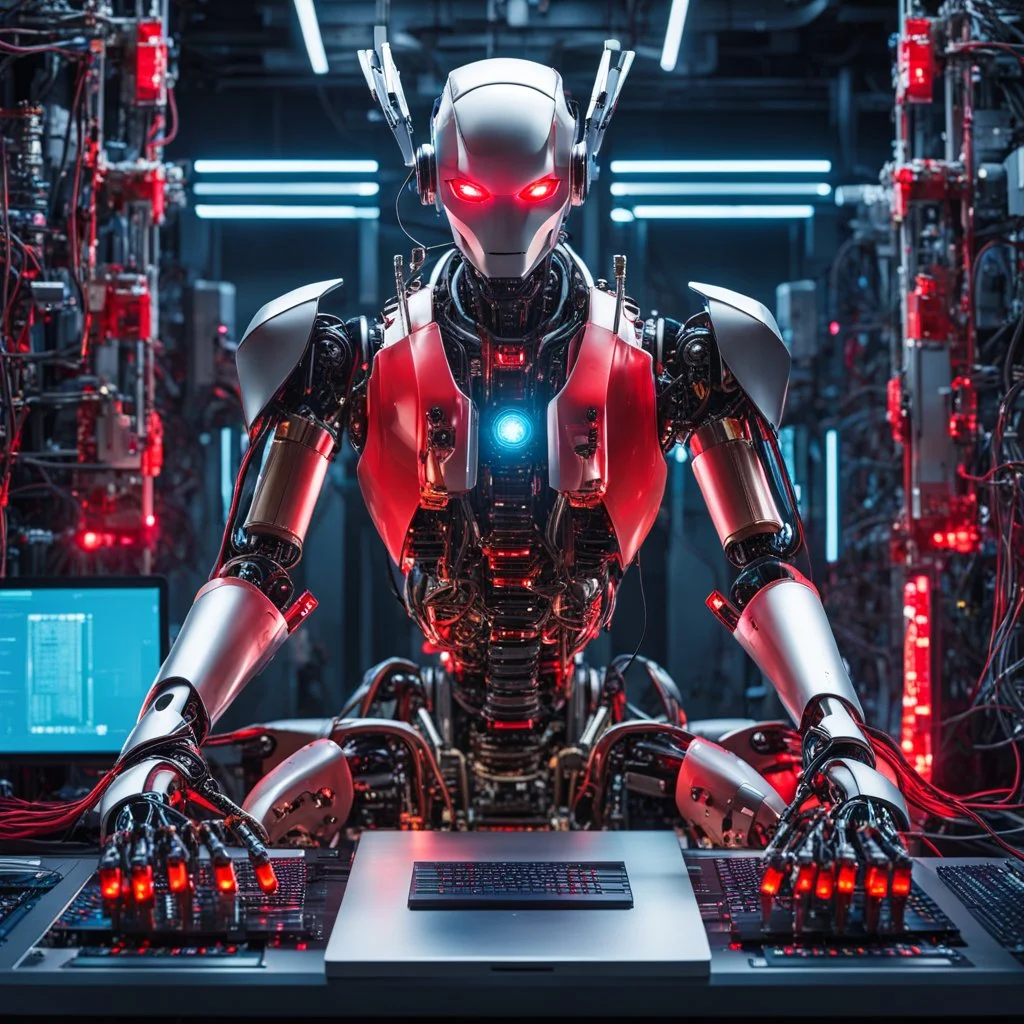 Create an image featuring a humanoid robot with mechanical parts and glowing red eyes sitting on top of computer servers, conveying a sense of advanced technology or potential consequences related to artificial intelligence or cybernetics