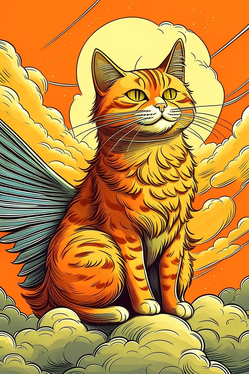 orange cat with stripes in heaven with wings and a marvel art style A4 format