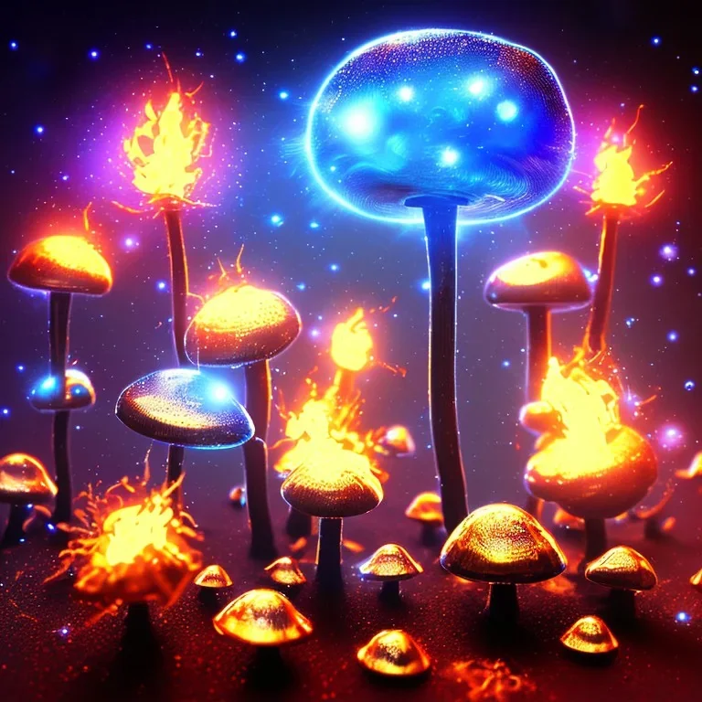 metal MUSHROOMs stars galazy SPACE lANDSCAPE BURNING IN BLUE FLAMES