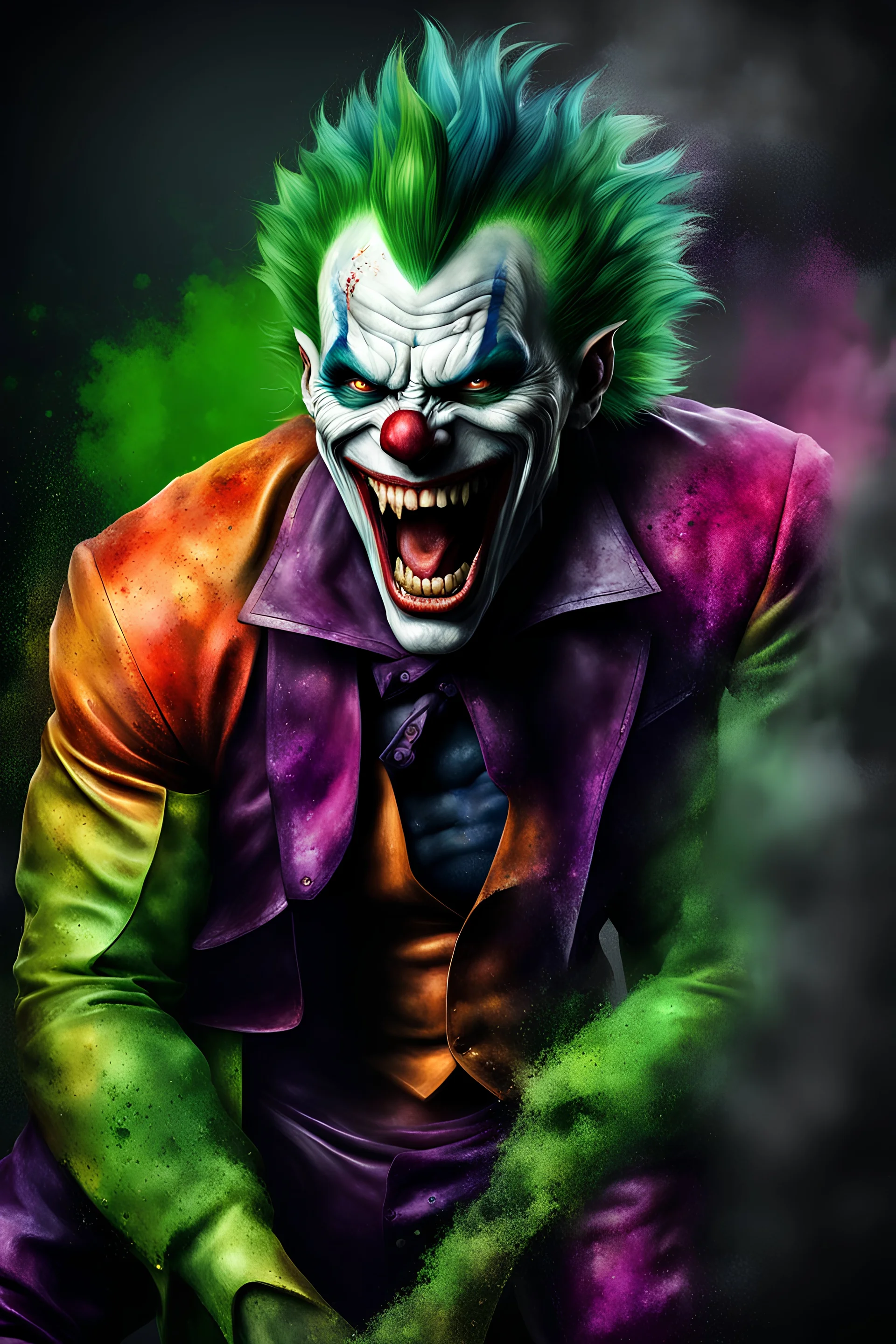 a multicolored, watercolor stained, wall in the background, inspired by all the works of art in the world - laughing - Victor Craven, an extremely muscular vampire werewolf zombie Joker with an emerald mohawk, full body image, wearing a skinsuit, Absolute Reality, Reality engine, Realistic stock photo 1080p, 32k UHD, Hyper realistic, photorealistic, well-shaped, perfect figure,