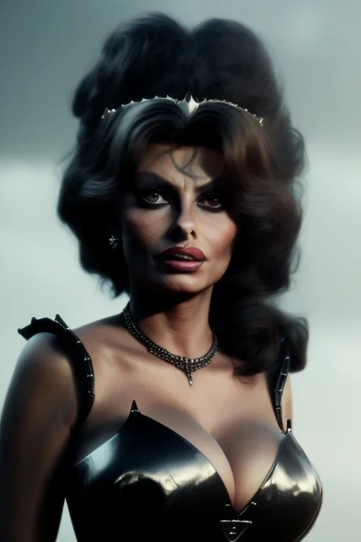 young sophia loren as evil queen in black leather, angry, stern look, volumetric lighting, particales,highly detailed,cinematic, deep colours,8