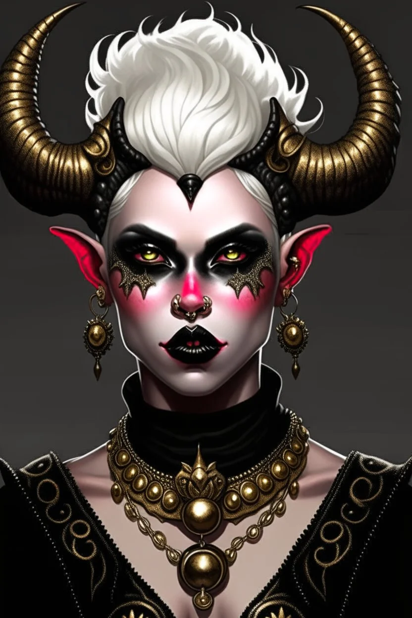 A young tiefling woman with a set of ram horns on her head encrusted with jewels, White-Blonde, short hair, black eyes, dressed in black with lots of jewelry, beautiful, satanic tattoos on her neck, she looks evil