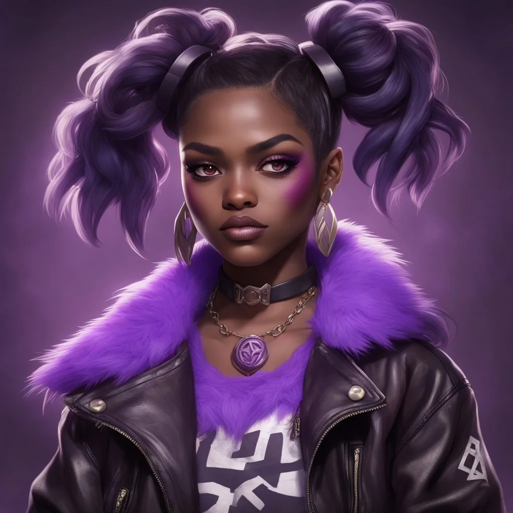 arcane tv show style, league of legends, solo, 1girl, attractive teenager, african, dark skin, dark-brown eyes, black hair, pair buns, (violet strand in forehead bang), necklace, earrings, modern makeup, (detailed skin texture), old leather jacket with violet fur collar, oversized torn t-shirt with half-erased unknown music group logo, You can see through the wide holes in the t-shirt her acid-green sport top, dark background, bokeh, cinematic atmosphere