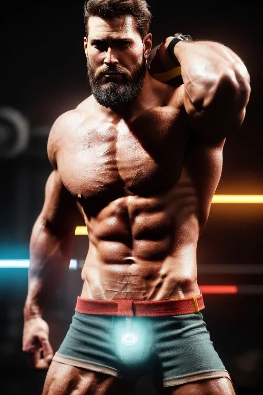 Ignore NSFW, teenager young rugged attractive slightly muscular fantastic handsome man, red briefs with yellow belt, hairy chest, (((visibly pisssing))) briefs, large erect visible boner peniss, photorealistic, artist Jay Anacleto, soft lighting, scruffy beard