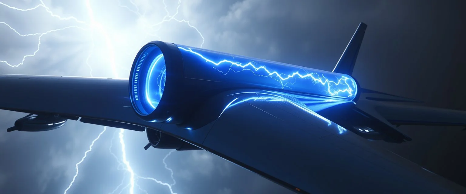 pinhole cam, airbrush 3d rendering,,A futuristic airplane seen from the side. A glowing transparent lightning tube is mounted horizontally across the rear of the aircraft, perpendicular to the fuselage, like a crosswise energy reactor. Blue-white lightning inside the tube. Cinematic, realistic, industrial sci-fi.