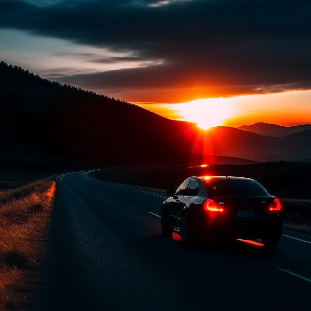 dark night, car taillights, driving towards a rising sun in the distance, mountains and forests next to the road