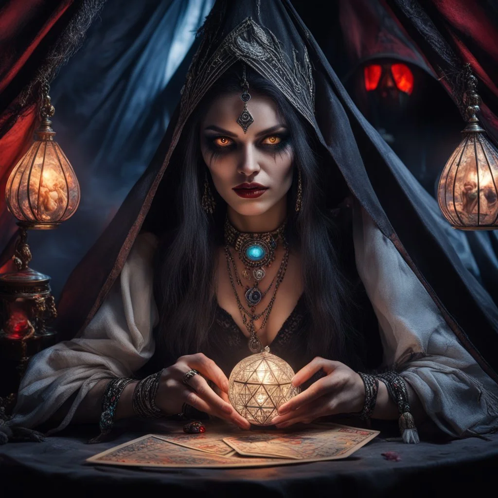 Hyper Realistic photographic-view of Wicked-&-Beautiful-Fortune-teller-with-glowing-red-eyes wearing black-beed-necklace-&-bracelet angrily Looking at her crystal-ball glowing magically & sitting in her tent with a horrifying-black-cat at dark-night decorated with fancy-traditional-feathers-&-tarot-cards showing dramatic & cinematic ambiance"