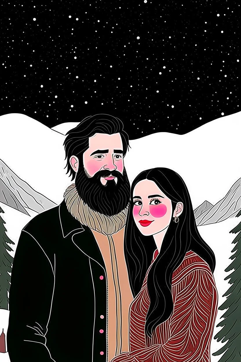 Mountain Christmas scene, dark haired couple, man with black beard