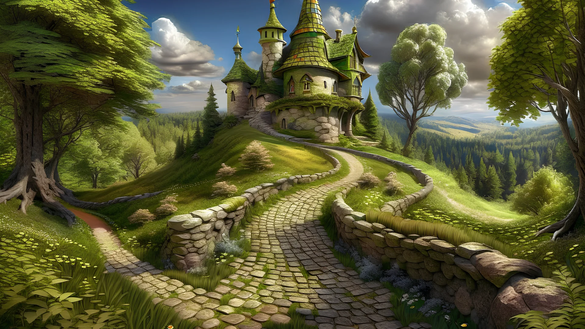 A curvy path leads to a fairytale castle next to a elfs cottage