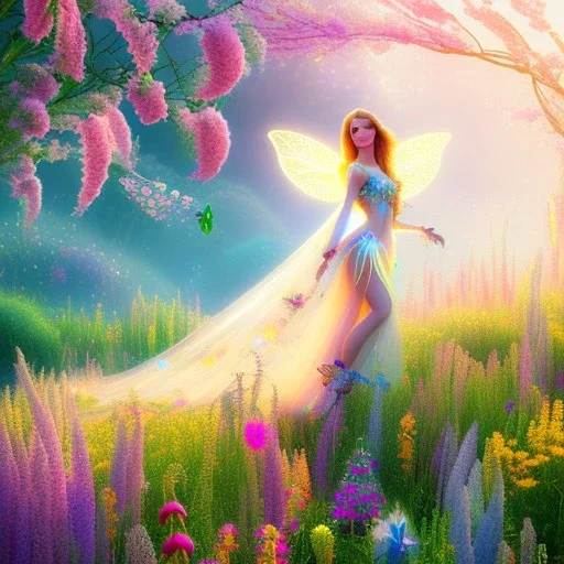 bright fairy, beautiful portrait, flowery landscape, cosmic atmosphere, perfect composition, 8k, super detailed, delicate flowers, complemfentary colours, intricate details