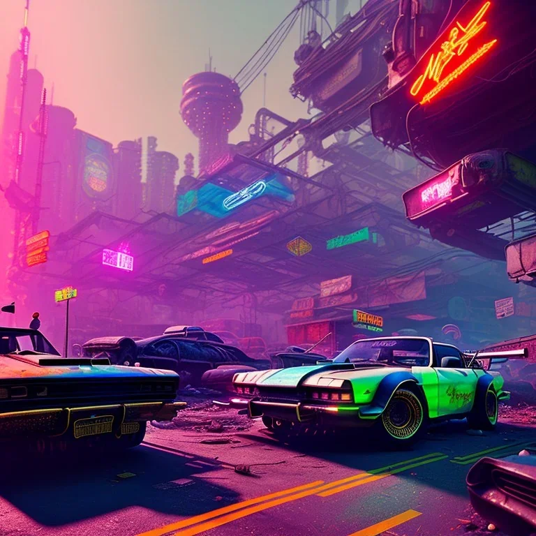 photo quality, unreal engine render, highest quality, stop-motion animation, vivid neon colors, volumetric lighting, cyberpunk 2077, classic car junkyard, deep colors in a dark setting background, post-apocalyptic,