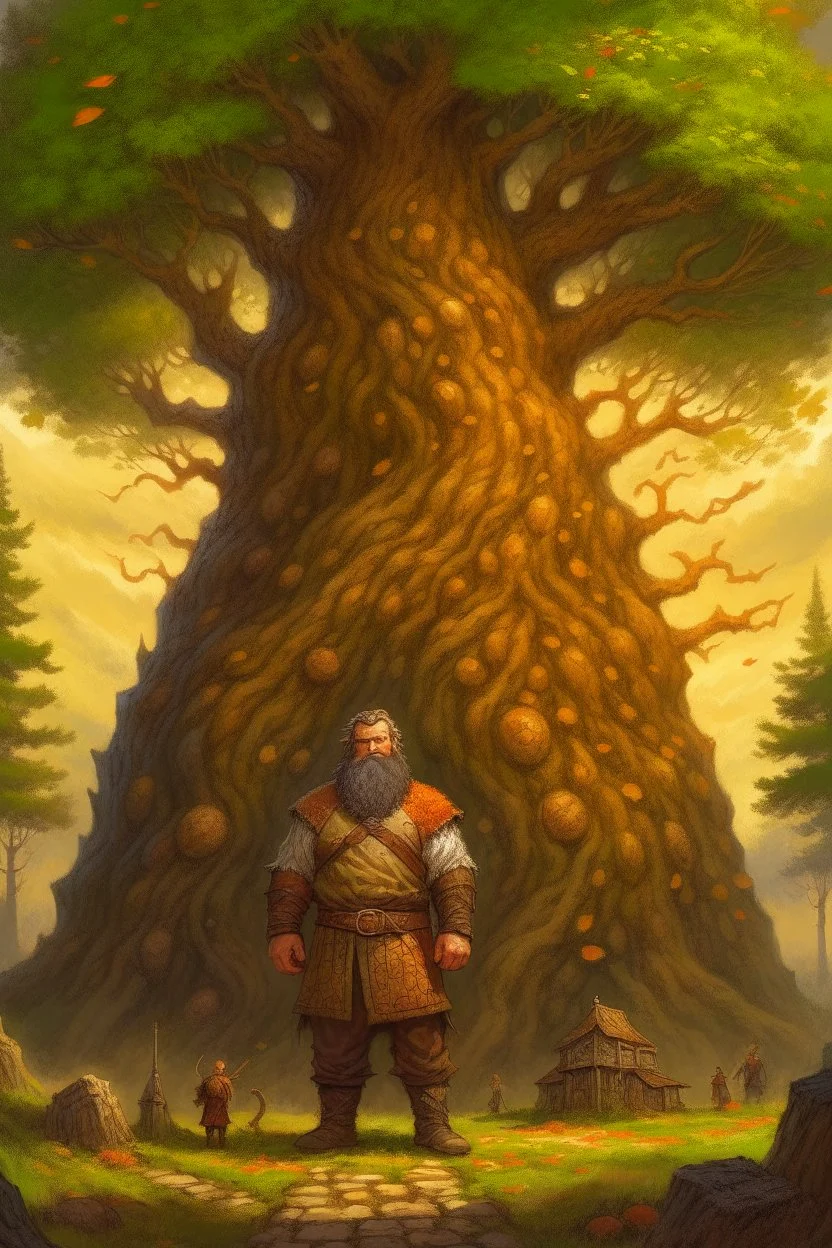 Fantasy art: a huge man, bigger than the biggest oak in the biggest forest. On this man was a huge mantle made of thick linen, and he girded himself with a belt of five fathoms. His head is as big as the biggest Christmas tree, and his beard is like a stack of corn silk.