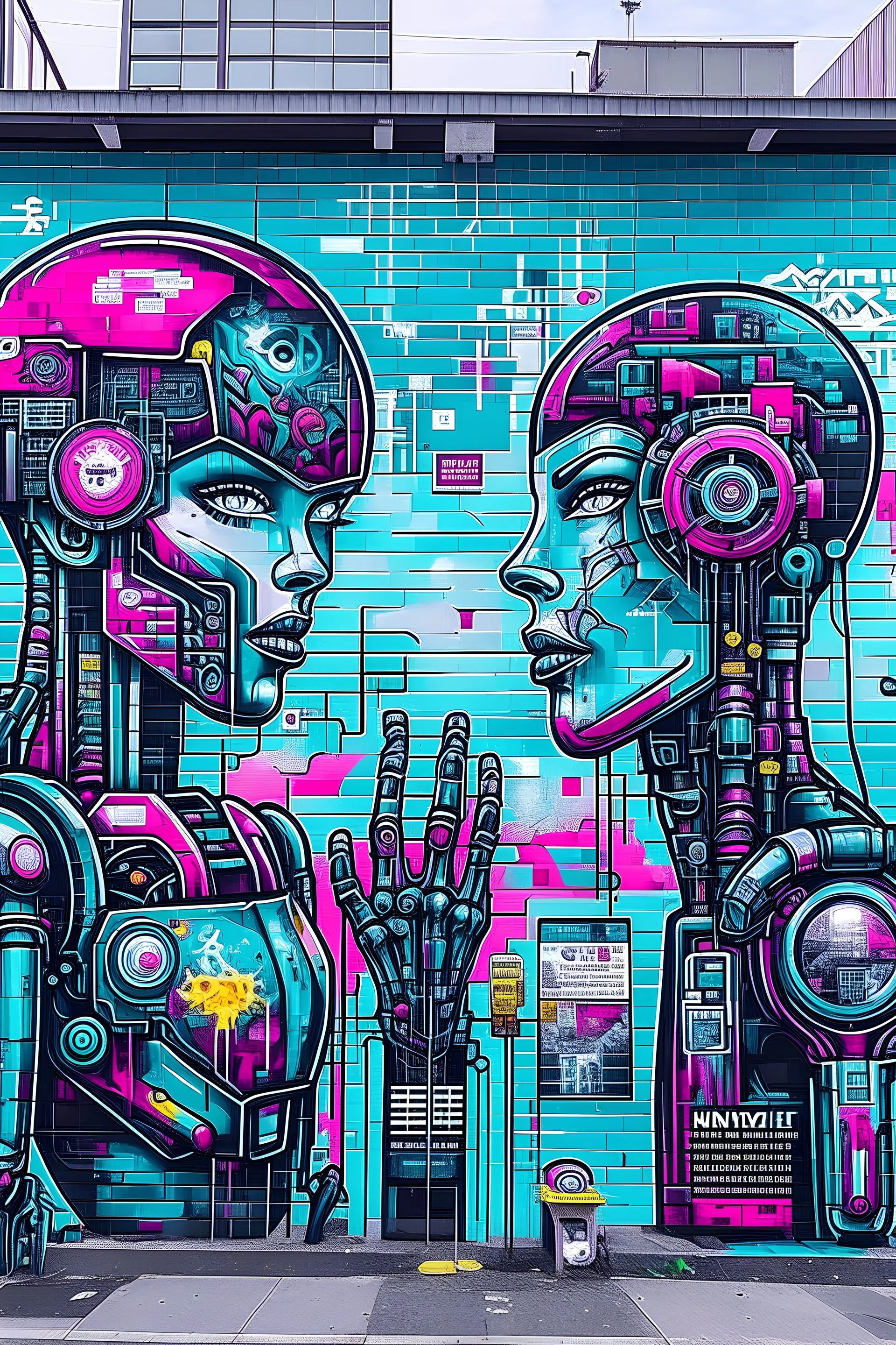 "Depict a Futuristic World Where Machines and Humans Coexist": This prompt encourages artists to imagine and depict a future world where machines and humans have found a way to coexist and collaborate. The goal is to create a visual representation of how technology and artificial intelligence can enhance and improve human life, rather than replace it. Artists can utilize the graffiti wall to showcase their vision of a future where technology and humans work together in harmony. They can play wit