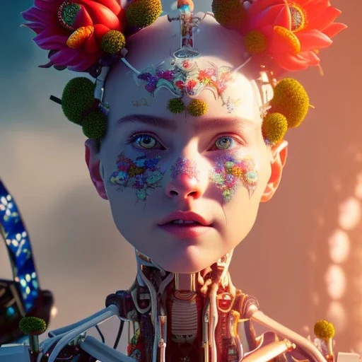 android, flowers, fractal paint, robot, wildflower, character portrait, intricate, insanely detailed, 4k resolution, cinematic smooth, intricate detail, bright colors