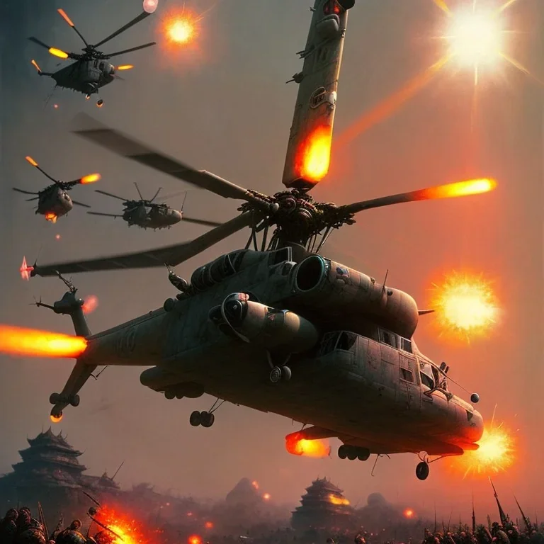 vietnam war. war report. helicopter. poster. bokeh. lens flare. warm lights. high detailed. beksinski