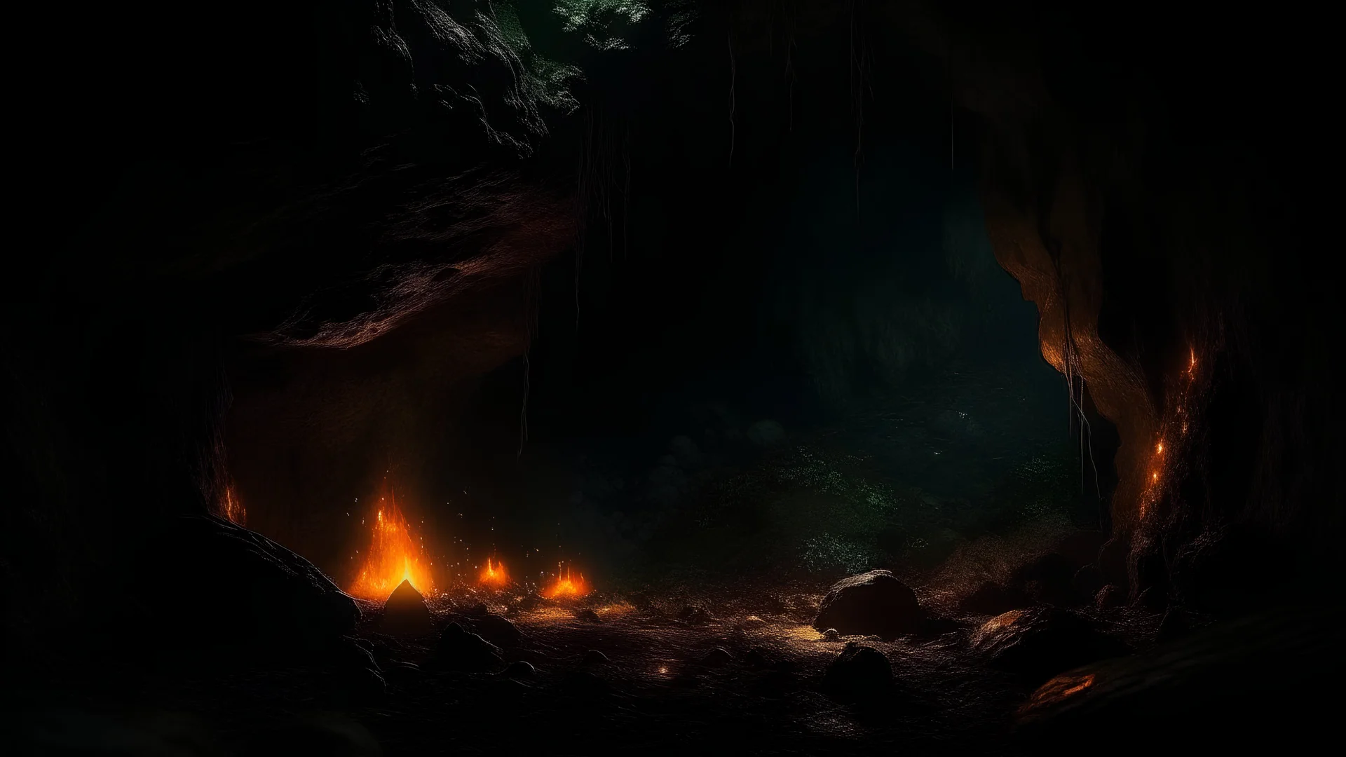 a dark cave that never ends with fire flies that have many colors