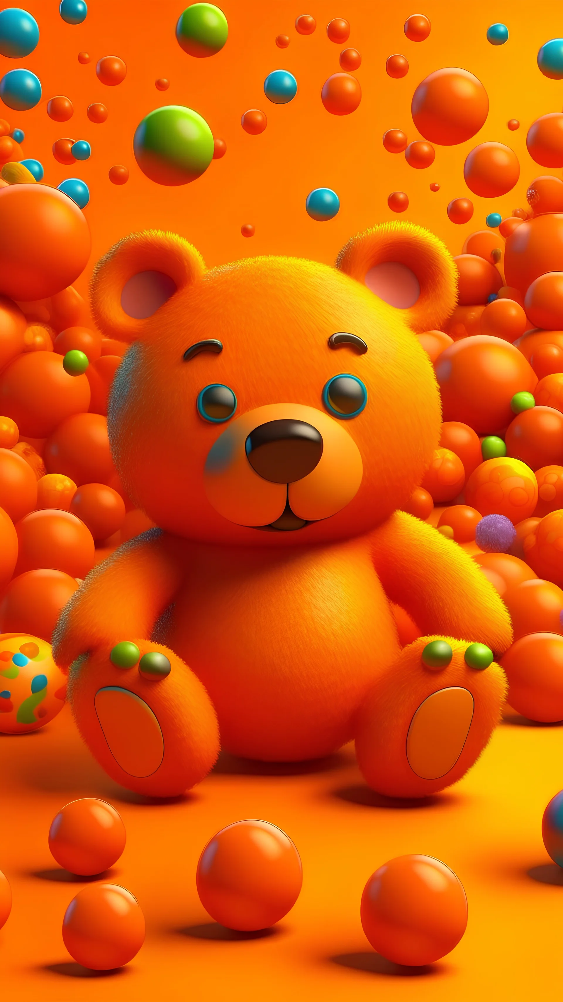 A photo realistic seamless cute teddy bear,jack-in-the-box,candy punk character, Disneyland natural, pop, poo,bubble orange background