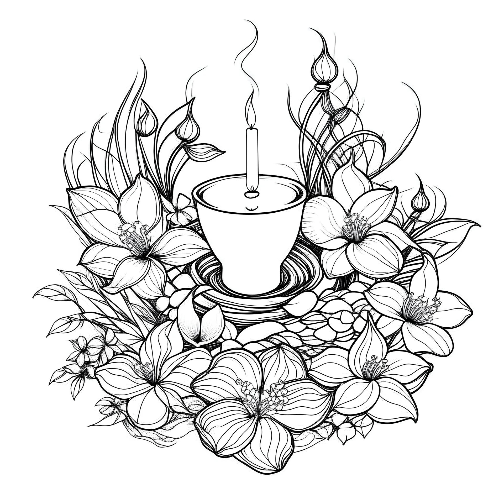 outline art for visually rich appealing human heart ikebana orchids plumeria spa rounded stones around candles, coloring page for kids, white background, fit to page, only use outline, clean line art, no shadows, clear and well outlined