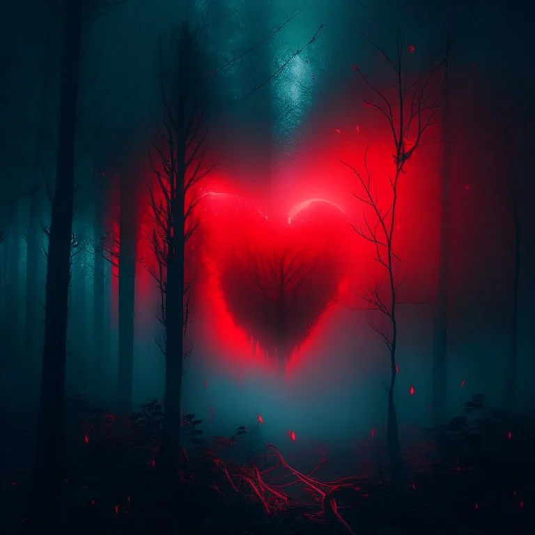 red fog in the forest at night with an electric heart