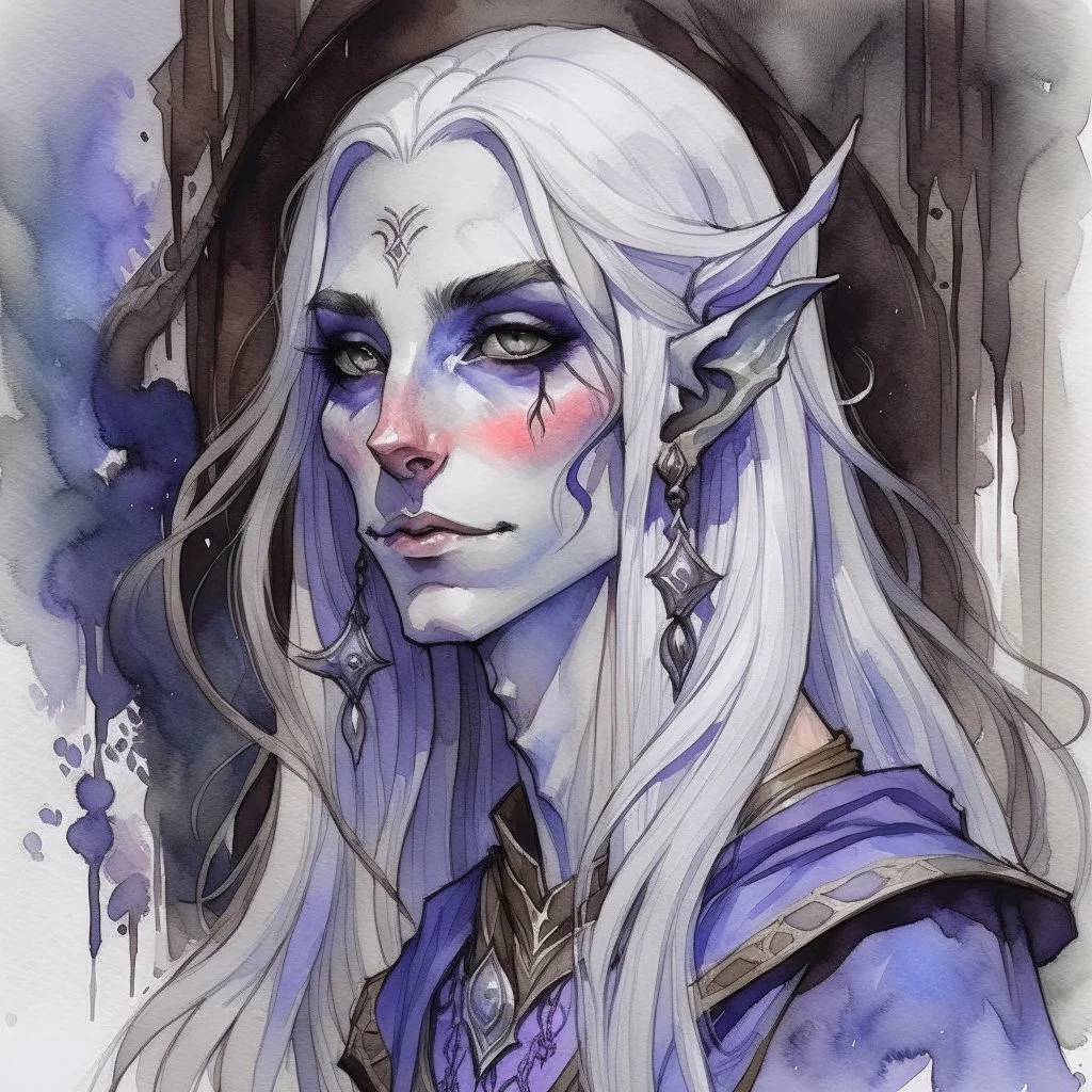 dnd, fantasy, watercolour, large strokes, stylistic, portrait, illustration, dull colours, woman, dark elf, drow, face, narrow long face, cruel face, purple eyes, vicious, smiling, white hair, very long hair streaming down the shoulders, lush hair, elegant, short small mouth, cruel smile