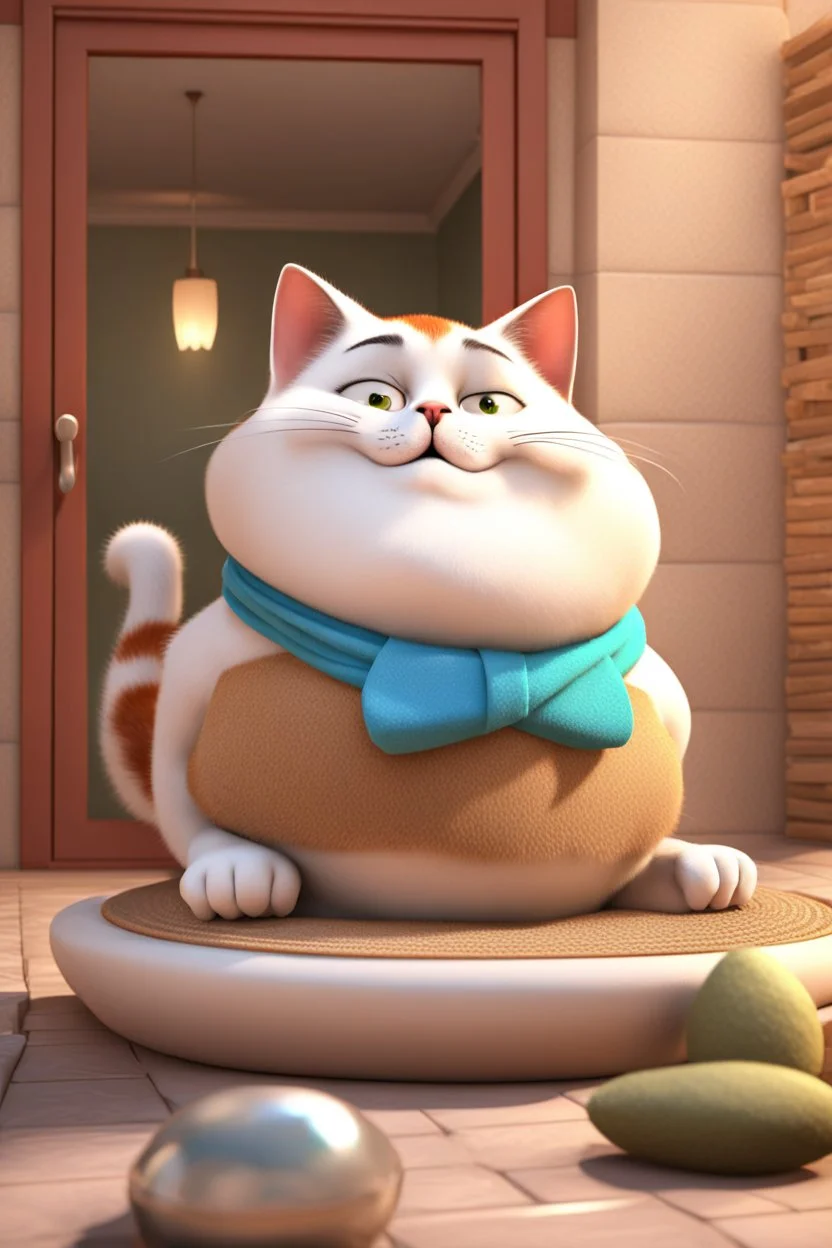 A fat palace cat getting a message in a spa, 3d animation ,funny