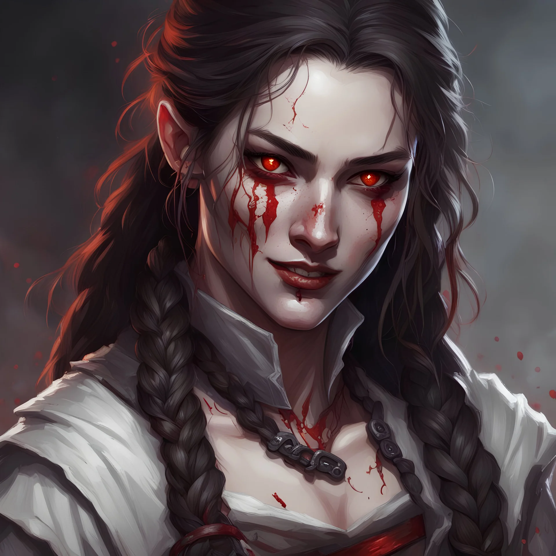 dungeons and dragons female assassin, pale skin, freckles, dark hair in long braid, bloody grin, red eyes, portrait