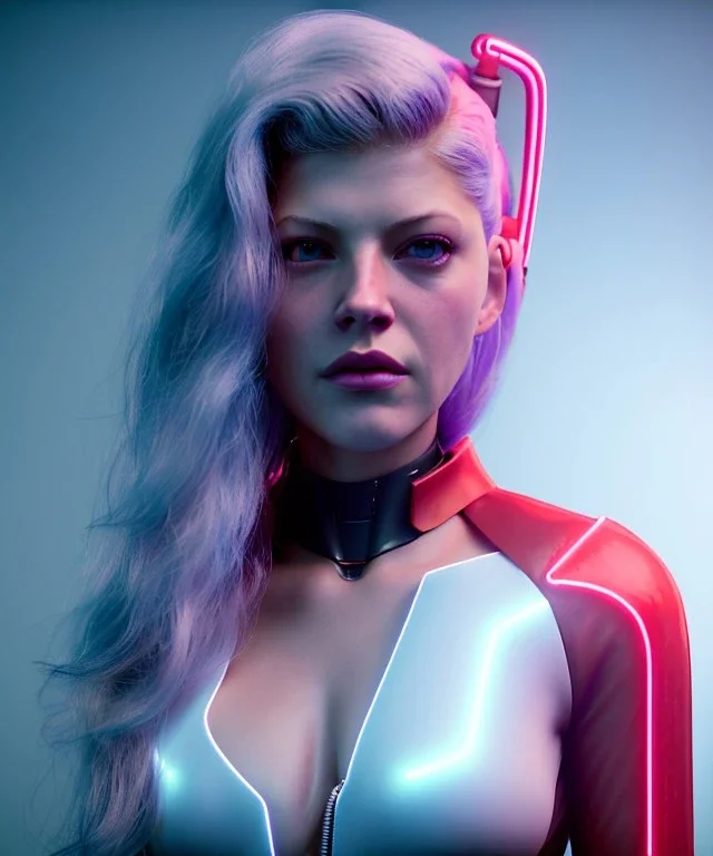 Actress, young Katheryn Winnick, android woman, white skin, circuits, ghost in the shell, latex coat, feather, cyber punk, neon, bamboo, blood, portrait, studio photo, unreal engine 5, soft color, 16 bit, god lights, ray tracing, RTX, lumen lighting, ultra deatail, volumetric lighting, 3d, finely drawn, hd.