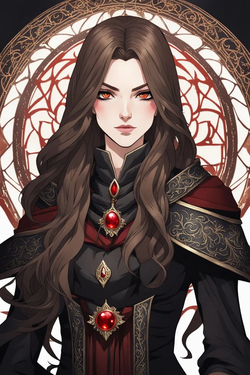 A portrait headshot of a confident looking young woman with pale skin and long brown hair in a dark fantasy setting with intricate details. She is a mage wearing black and read leather, has blood-red eyes, an air of malevolent power surrounds her. Anime style. High definition.